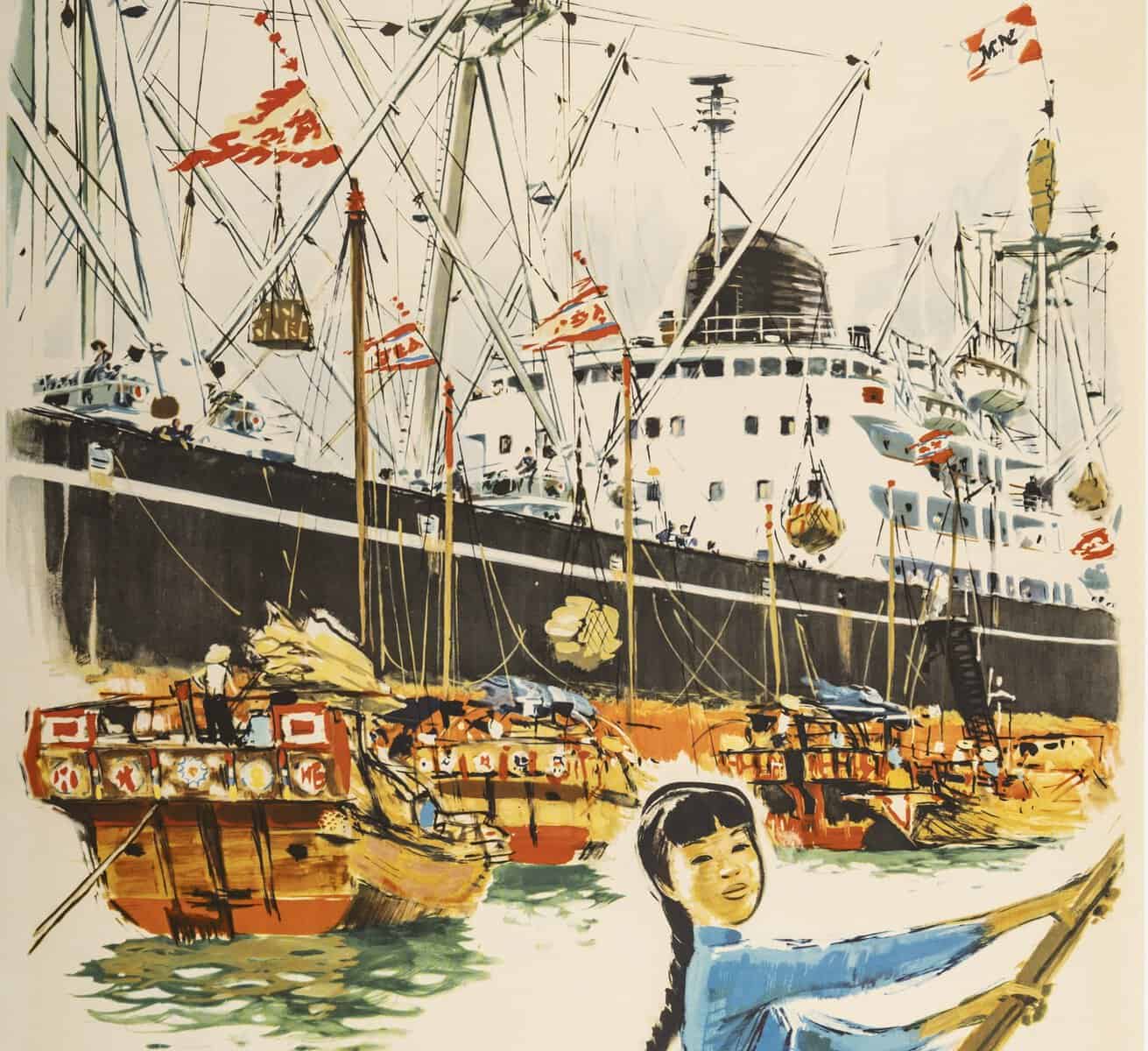Affiche Tourisme Originale, Albert Brenet, Messageries Maritimes, Transport, Voyage, Croisière, Japon, Australie, Afrique du Sud, Europe du Nord, Atlantique, Navire, Bateau, Paquebot, 1954 – Image 2